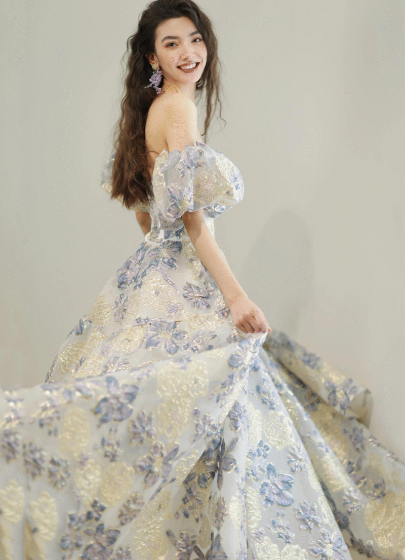 Floral Jacquard Off-Shoulder Evening Gown | Puff Sleeve A-Line Formal Dress